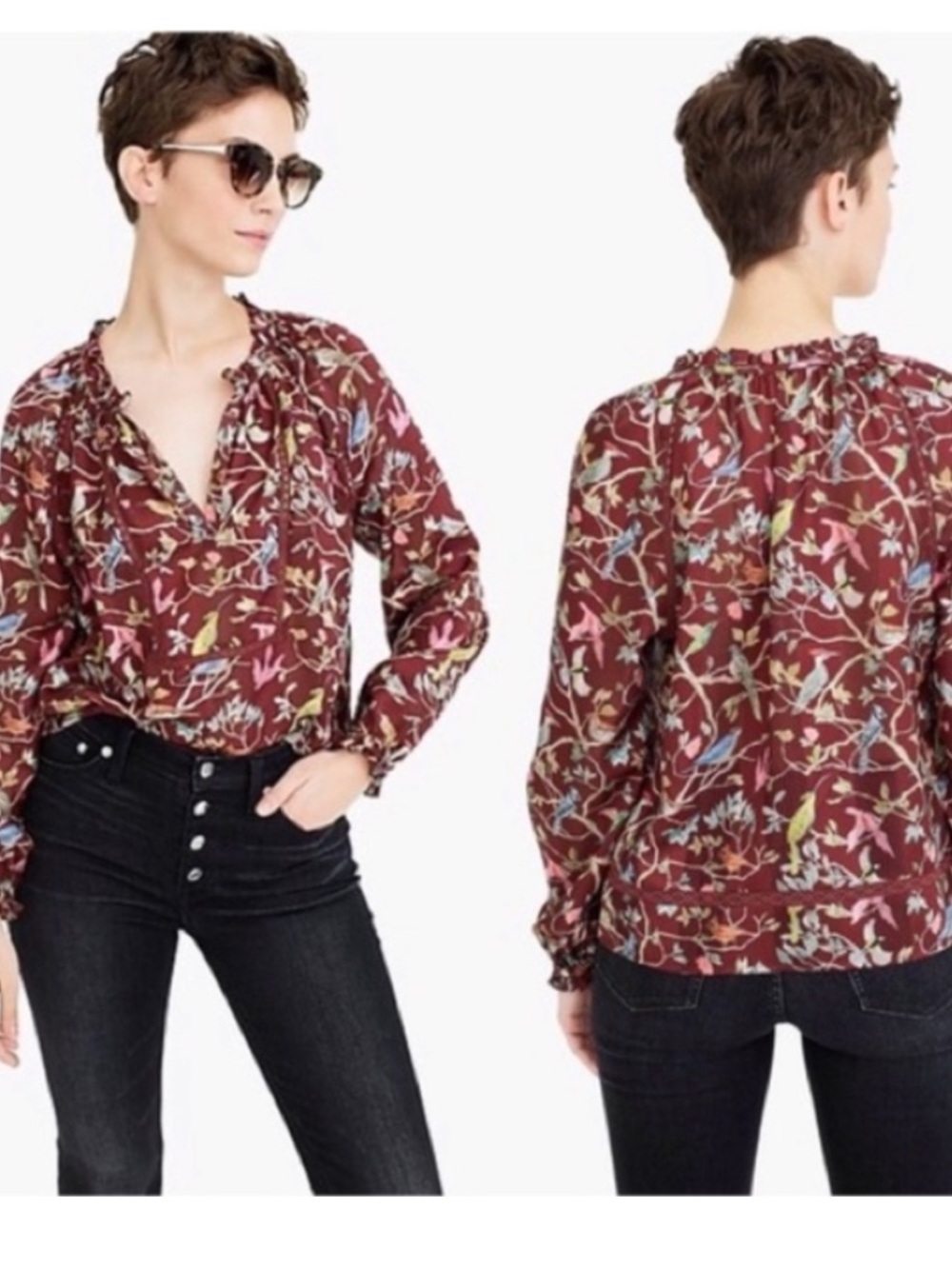 J. Crew Point Sur NWT Bird Menagerie Ruffle Metallic Laced Peasant Blouse Whimsy